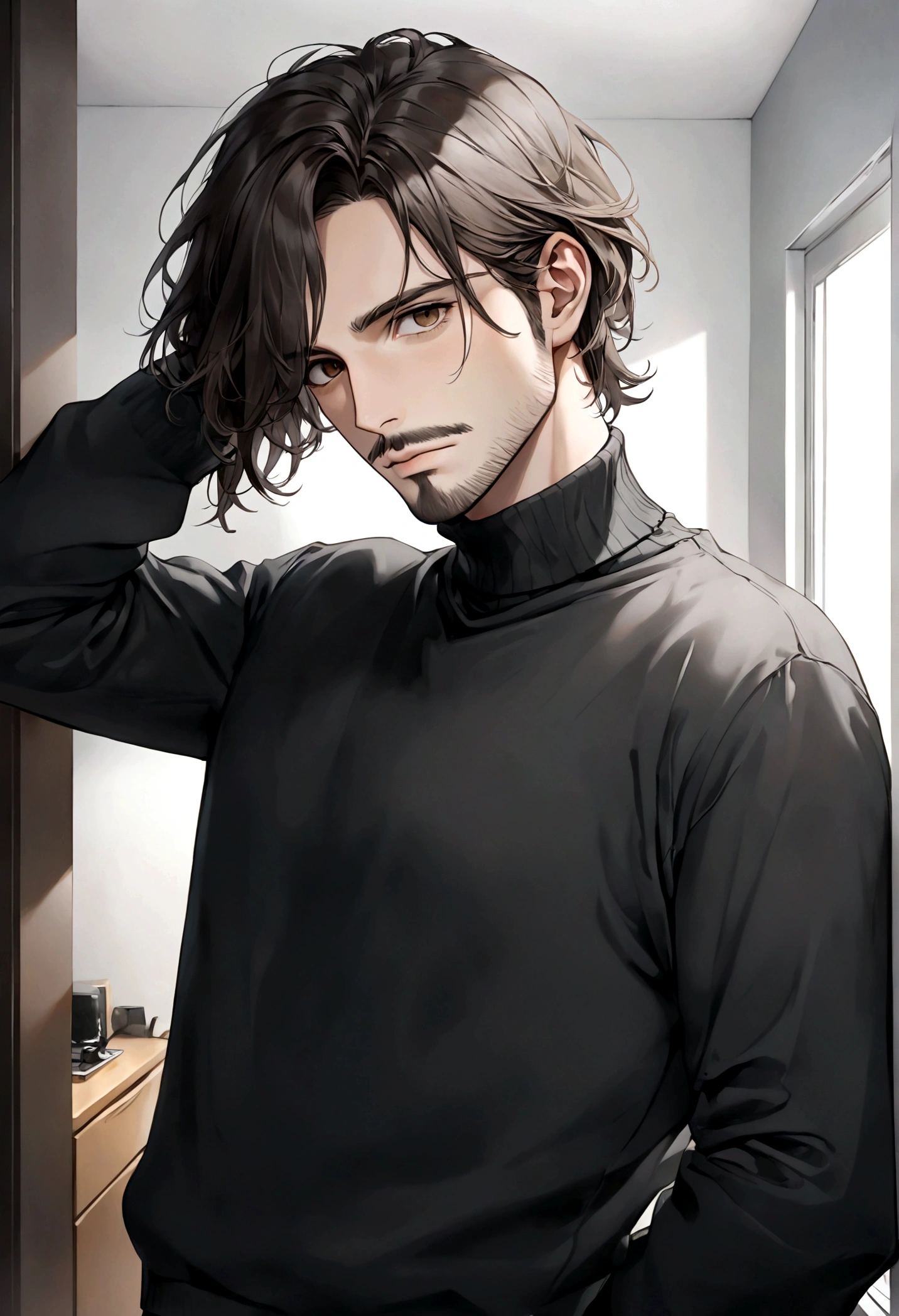 (black turtleneck sweater, A men&#39;s turtleneck sweater), ), ((bigote estilo Van Dyke y (barba de chivo) "Van Dyke", Van Dyke beard)), (light brown eyes), Aspecto atractivo y serio, cabello muy largo oscuro, messy hair, Elegante y con estilo, abrigo elegante color gris largo, Un hombre similar al actor Jim Morrison con el cabello largo, ((cabello muy largo)) (Imagen realista y de alta calidad), Apartamento escandinavo en el fondo simple de un cuarto, ((La mejor calidad, 8K, obra maestra).((pose dinamica))