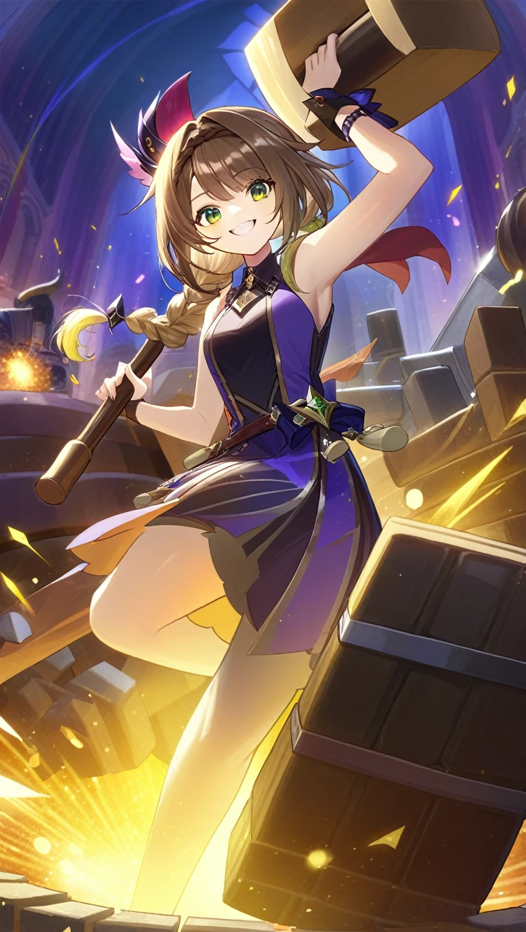 absurd res, high res, (masterpiece:1.4) (/genshin impact/), blacksmith, hammering, smiling, green eyes, brown hair braids, yellow sparks, anvil, hammer, sleeveless dress, 