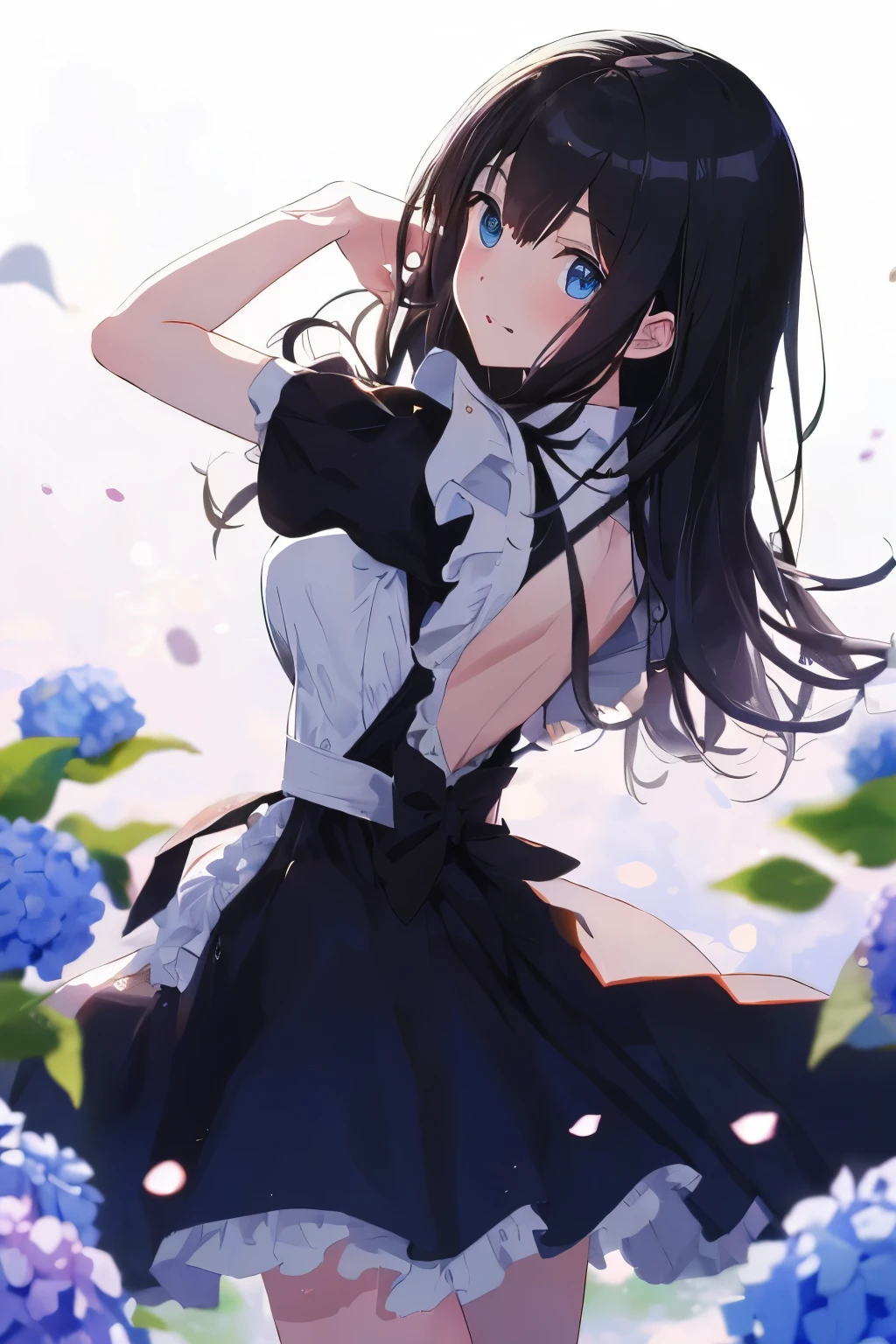 best quality, masterpiece, (solo:1.2), (1 Female:1.2)、Age 25、Larger breasts、(Slender figure)、(Maidスタイル)、Maid、(from side)、Thighs、back、Poses that emphasize the chest、(White highlight in pupil:1.2)、Dark blue eyes、(Black-haired:1.2)、(Long Hair)、(View your viewers:1.2)、White skin、(blush)、(Embarrassed expression)、(I blur the background a lot to make the woman stand out.:1.3)、(Half backlight)、(Beautiful hydrangea flowers for background)、(Front blur)、(I see a rainbow in the distance)