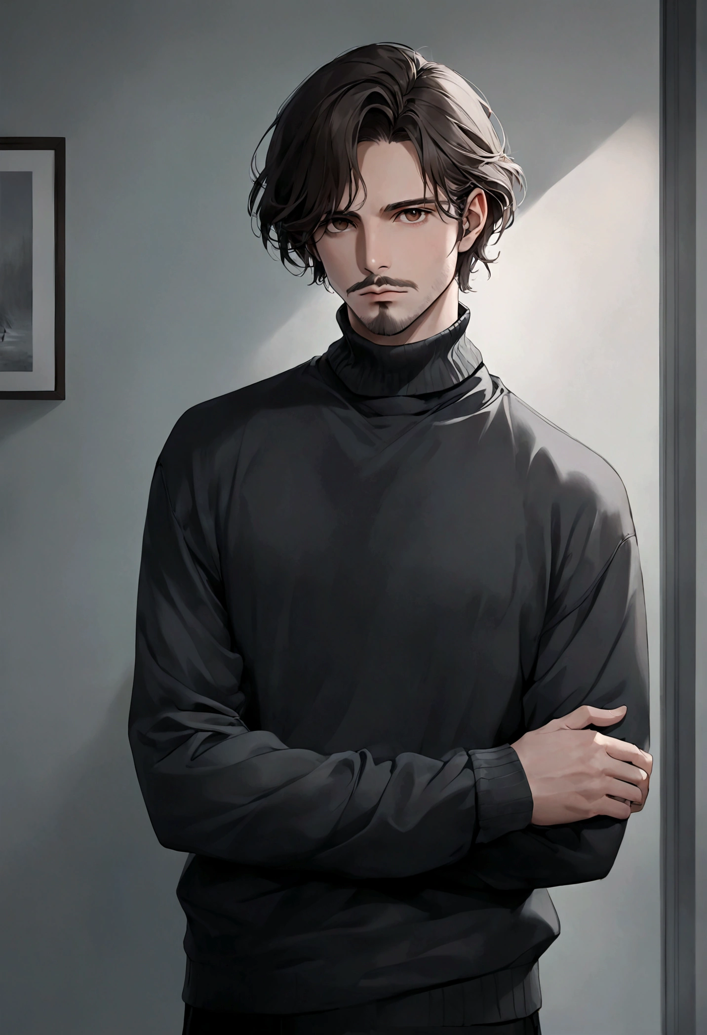 (black turtleneck sweater, A men's turtleneck sweater), ), ((bigote estilo Van Dyke y (barba de chivo) "Van Dyke", Van Dyke beard)), (light brown eyes), Aspecto atractivo y serio, cabello muy largo oscuro, messy hair, Elegante y con estilo, abrigo elegante color gris largo, Un hombre similar al actor Jim Morrison con el cabello largo, ((cabello muy largo)) (Imagen realista y de alta calidad), Apartamento escandinavo en el fondo simple de un cuarto, ((La mejor calidad, 8K, obra maestra).((pose dinamica))