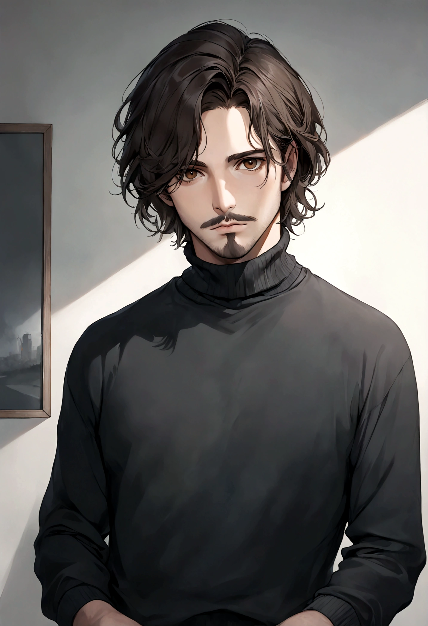 (black turtleneck sweater, A men's turtleneck sweater), ), ((bigote estilo Van Dyke y (barba de chivo) "Van Dyke", Van Dyke beard)), (light brown eyes), Aspecto atractivo y serio, cabello muy largo oscuro, messy hair, Elegante y con estilo, abrigo elegante color gris largo, Un hombre similar al actor Jim Morrison con el cabello largo, ((cabello muy largo)) (Imagen realista y de alta calidad), Apartamento escandinavo en el fondo simple de un cuarto, ((La mejor calidad, 8K, obra maestra).((pose dinamica))