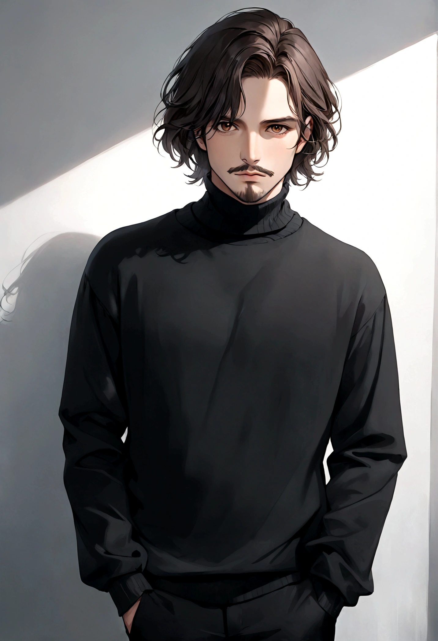 (black turtleneck sweater, A men's turtleneck sweater), ), ((bigote estilo Van Dyke y (barba de chivo) "Van Dyke", Van Dyke beard)), (light brown eyes), Aspecto atractivo y serio, cabello muy largo oscuro, messy hair, Elegante y con estilo, abrigo elegante color gris largo, Un hombre similar al actor Jim Morrison con el cabello largo, ((cabello muy largo)) (Imagen realista y de alta calidad), Apartamento escandinavo en el fondo simple de un cuarto, ((La mejor calidad, 8K, obra maestra).((pose dinamica))