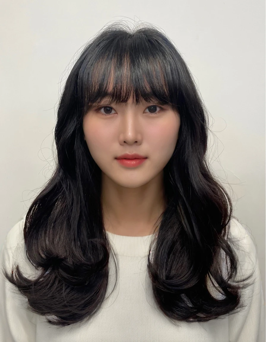 Best Quality, 8k, Masterpiece, (Portrait: 1.3), (photo realistic:1.4), (hyper realistic:1.4), Sharp Focus, looking at viewer, (smoother lighting:1.1), (increase cinematic lighting quality:0.9), realistic lighting, backlighting, light on face, ray trace, (brightening light:1.2), (Increase quality:1.4), sharp detail, (best quality real texture skin:1.4), finely detailed eyes, black_eyes, finely detailed face, 25 year old Korean woman, (white formal_shirt:1.4), (Create an image maintaining the original base model hairstyle:1.5)