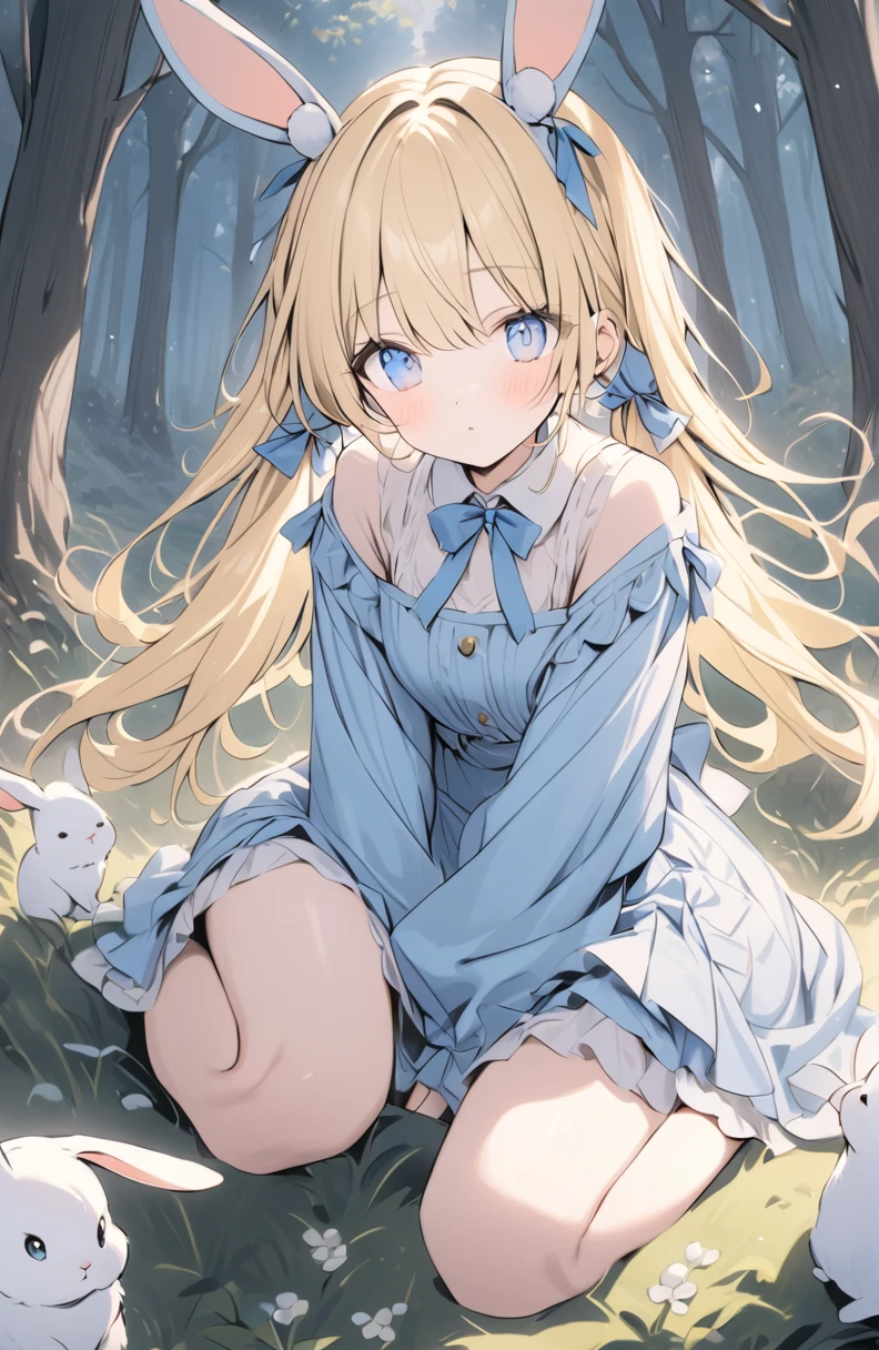 ((pale colour)),35mm, debt/1.2, 超High resolution, Attention to detail, highest quality, High resolution, masterpiece、Rabbit and girl、Fairy tale world、cute、Girl surrounded by rabbits、in the forest、Pale colors、Light production、Twin tails、Blue Hair、blue attire、((Blonde、Blue Eyes))