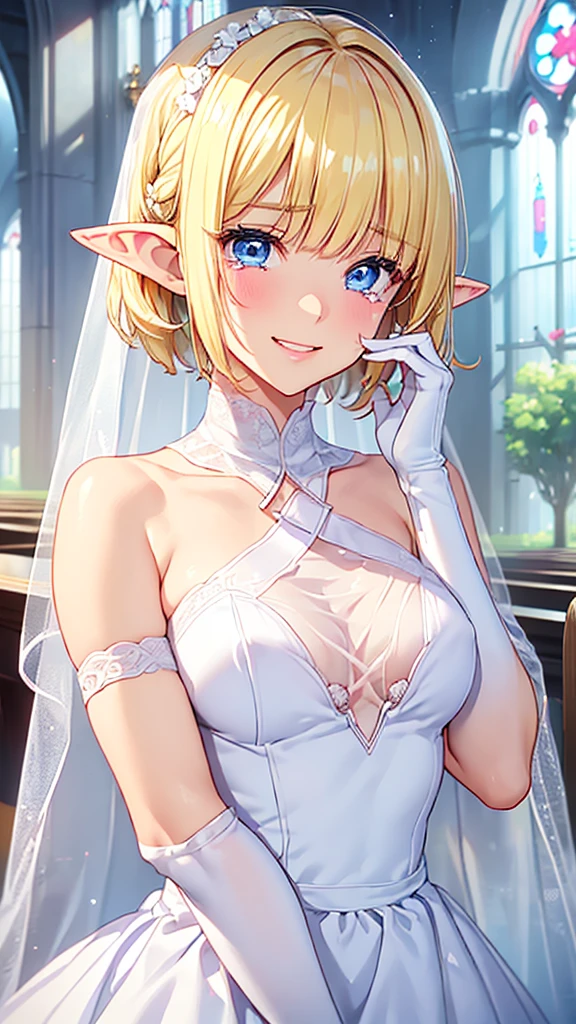 Very close、((Focus on the upper body))、16k、masterpiece、High resolution、High resolution、((1 young elven female))、((Beautiful blonde))、short hair、((Beautiful Blue Eyeoist eyes、Tears))、((Pointy Ears))、Smiling Kindly、Grin、blush、Pink Lip Gloss、((Shiny skin))、((White Wedding Dress))、((church、Chapel))、look at me、((White gloves、Rubbing eyes with fingers))