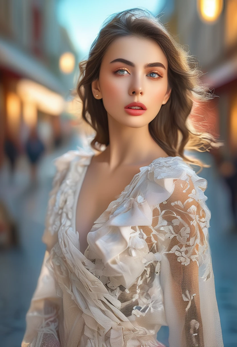 a beautiful woman, a female model, outdoor, city street, urban architecture, beautiful detailed eyes, beautiful detailed lips, extremely detailed eyes and face, long eyelashes, elegant pose, dynamic action, colorful clothing, intriguing expression, (best quality, 4k, 8k, highres, masterpiece:1.2), ultra-detailed, (realistic, photorealistic, photo-realistic:1.37), HDR, UHD, studio lighting, ultra-fine painting, sharp focus, physically-based rendering, extreme detail description, professional, vivid colors, bokeh, portrait, photography, cinematic lighting, warm color tones