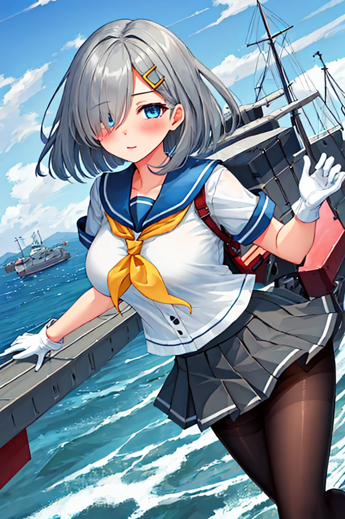 best quality, masterpiece, highres, solo, {hamakaze_kantaicollection:0.90}, 1girl, ,younger_teenck_pantyhose, pleated_skirt, serafuku, short_sleeves, simple_background, white_background, yellow_neckerchief, white_gloves, looking_at_viewer, grey_skirt, blush, eyes_visible_through_hair, blue_sailor_collar, dynamic_posing,long_bangs,hair_over_one_eye,harbor_school_background,outdoor,large_breasts,