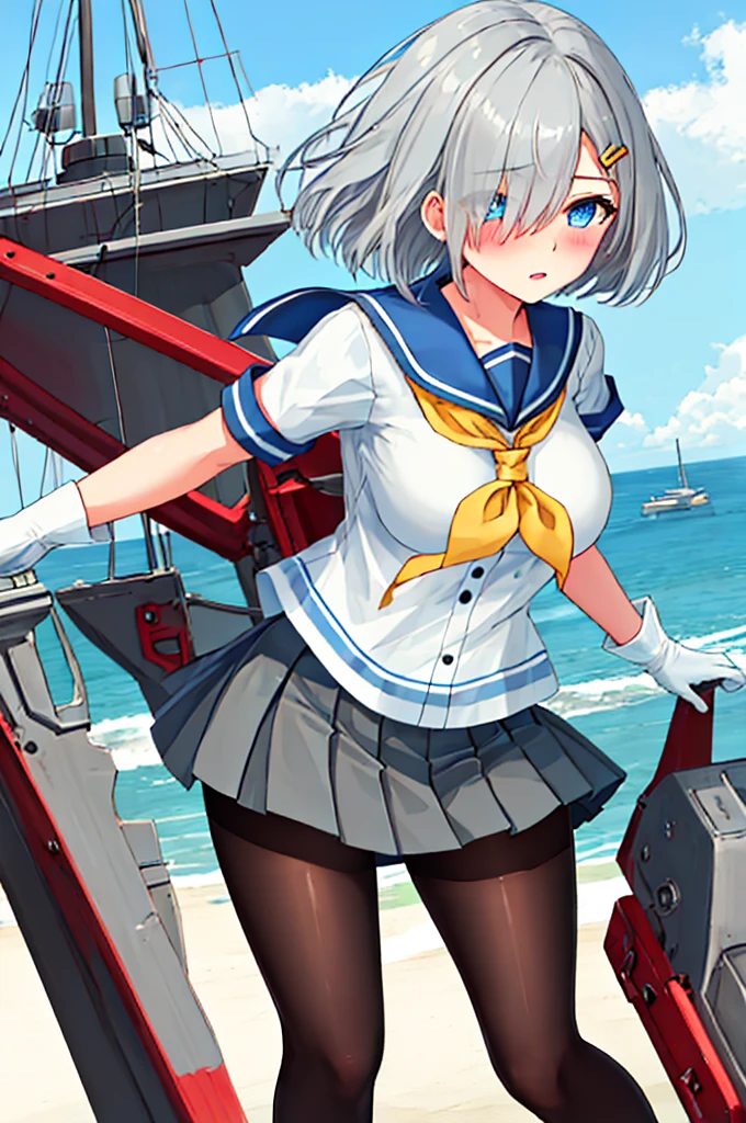 best quality, masterpiece, highres, solo, {hamakaze_kantaicollection:0.90}, 1girl, loli,younger_teen,black_pantyhose, pleated_skirt, serafuku, short_sleeves, simple_background, white_background, yellow_neckerchief, white_gloves, looking_at_viewer, grey_skirt, blush, eyes_visible_through_hair, blue_sailor_collar, dynamic_posing,long_bangs,hair_over_one_eye,harbor_school_background,outdoor,large_breasts,