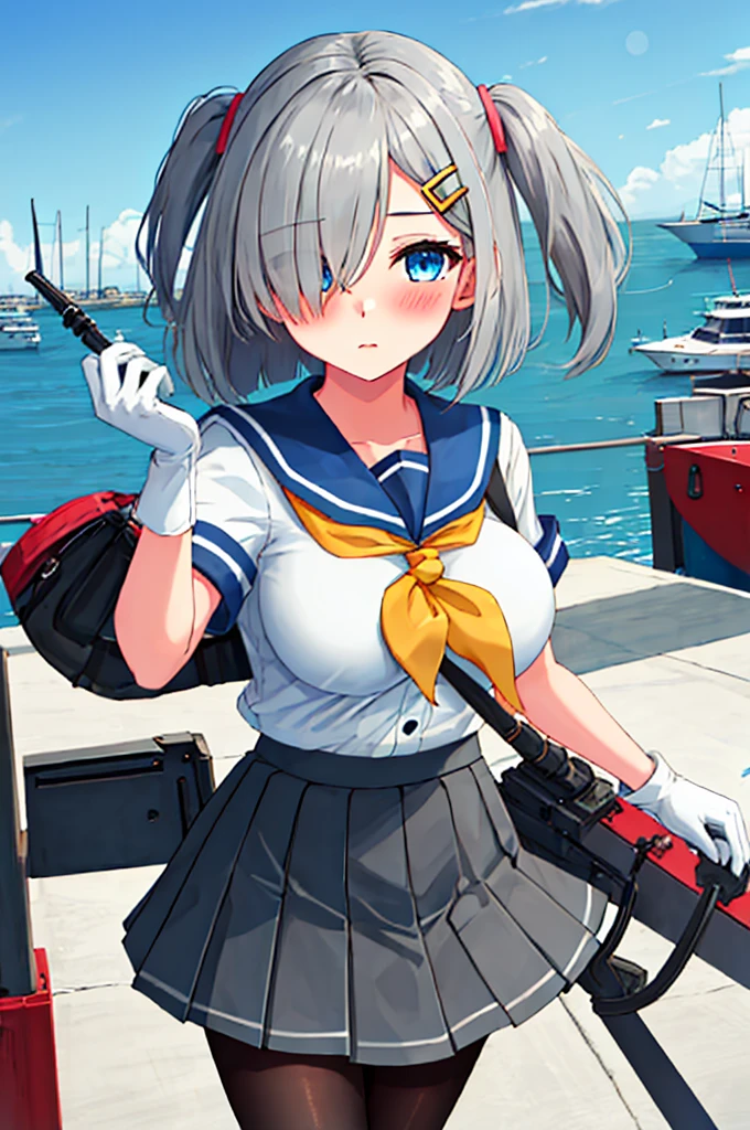 best quality, masterpiece, highres, solo, {hamakaze_kantaicollection:0.90}, 1girl, loli,younger_teen,black_pantyhose, pleated_skirt, serafuku, short_sleeves, simple_background, white_background, yellow_neckerchief, white_gloves, looking_at_viewer, grey_skirt, blush, eyes_visible_through_hair, blue_sailor_collar, dynamic_posing,long_bangs,hair_over_one_eye,harbor_school_background,outdoor,large_breasts,