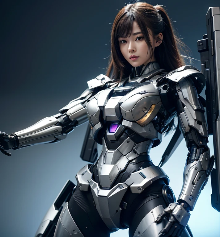  Super detailed, advanced details, high quality,  High resolution, 1080p, hard disk, beautiful,(Humanoid Weapons),A powerful cyborg woman, sleek and futuristic, with advanced mechanical augmentations that enhance her strength and capabilities,Capture the big picture,beautiful,Mecha cyborg girl,battle mode,Mecha body girl,She is wearing a futuristic war machine weapon mecha