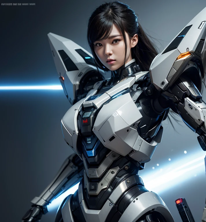 Super detailed, advanced details, high quality, High resolution, 1080p, hard disk, beautiful,(Humanoid Weapons),A powerful cyborg woman, sleek and futuristic, with advanced mechanical augmentations that enhance her strength and capabilities,Capture the big picture,beautiful,Mecha cyborg girl,battle mode,Mecha body girl,She is wearing a futuristic war machine weapon mecha