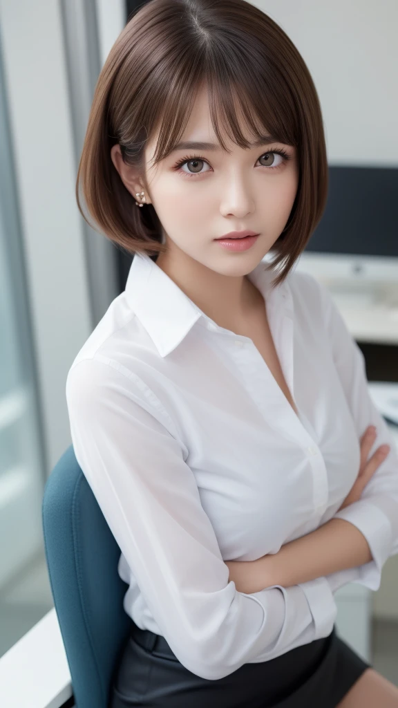 (1young woman), kawaii face, (highly detailed face), Amazing face and eyes, (Best Quality:1.4), (Ultra-detailed), (extremely detailed CG unified 8k wallpaper), Highly detailed, High-definition raw color photos, Professional Photography, Realistic portrait, Amazing face and eyes, Pink eyes, indoors, office, (office lady, shirt, miniskirt,:1.3), model, depth of fields, (fine face:1.2),