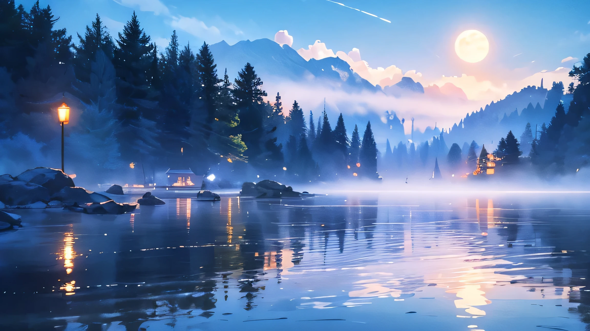 4K, highest quality,A quiet lakeside shrouded in late-night fog。Faint moonlight shines through the fog into fantasy、Lakeside、fog、moonlight、Silence、Fantasy