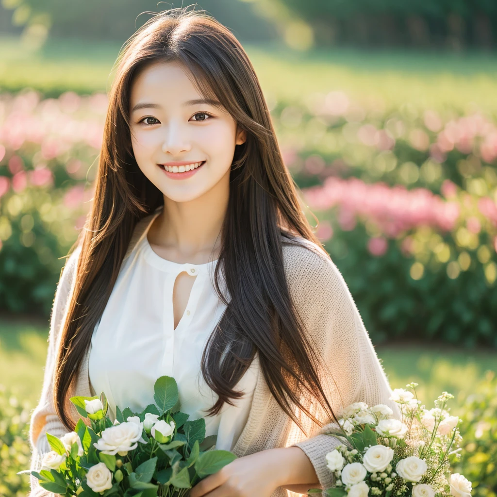 Create an image of a young woman around 25 years old, inspired by the provided image. The woman should have long, flowing hair and a gentle smile, holding a bouquet of flowers similar to the one in the reference. The setting should be a beautiful outdoor environment with greenery in the background, reminiscent of a sunny day. The woman should have a slightly more mature appearance while maintaining a warm and friendly expression. Ensure the lighting and color tones are soft and natural, highlighting her youthful yet mature beauty.