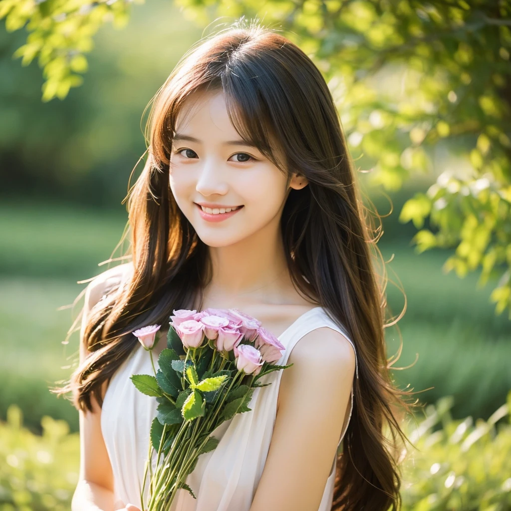 Create an image of a young woman around 25 years old, inspired by the provided image. The woman should have long, flowing hair and a gentle smile, holding a bouquet of flowers similar to the one in the reference. The setting should be a beautiful outdoor environment with greenery in the background, reminiscent of a sunny day. The woman should have a slightly more mature appearance while maintaining a warm and friendly expression. Ensure the lighting and color tones are soft and natural, highlighting her youthful yet mature beauty.
