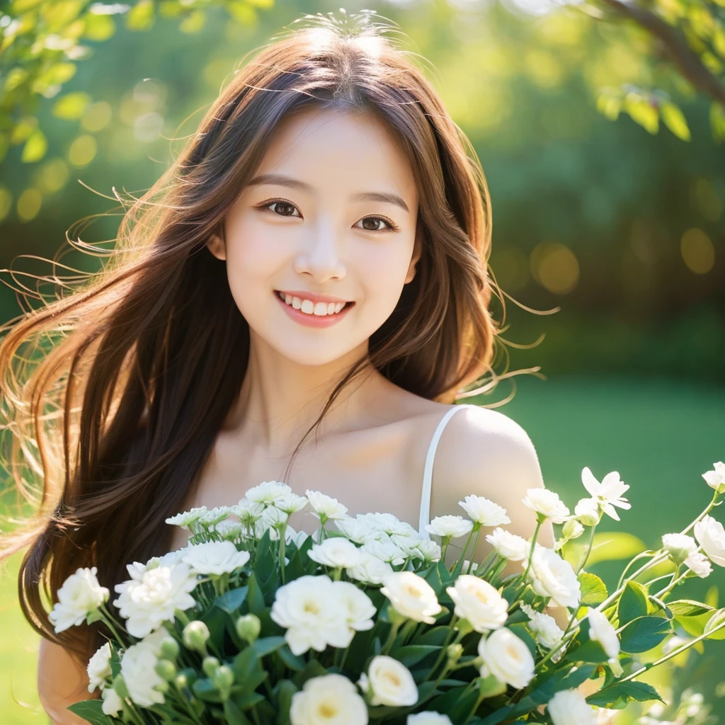 Create an image of a young woman around 25 years old, inspired by the provided image. The woman should have long, flowing hair and a gentle smile, holding a bouquet of flowers similar to the one in the reference. The setting should be a beautiful outdoor environment with greenery in the background, reminiscent of a sunny day. The woman should have a slightly more mature appearance while maintaining a warm and friendly expression. Ensure the lighting and color tones are soft and natural, highlighting her youthful yet mature beauty.
