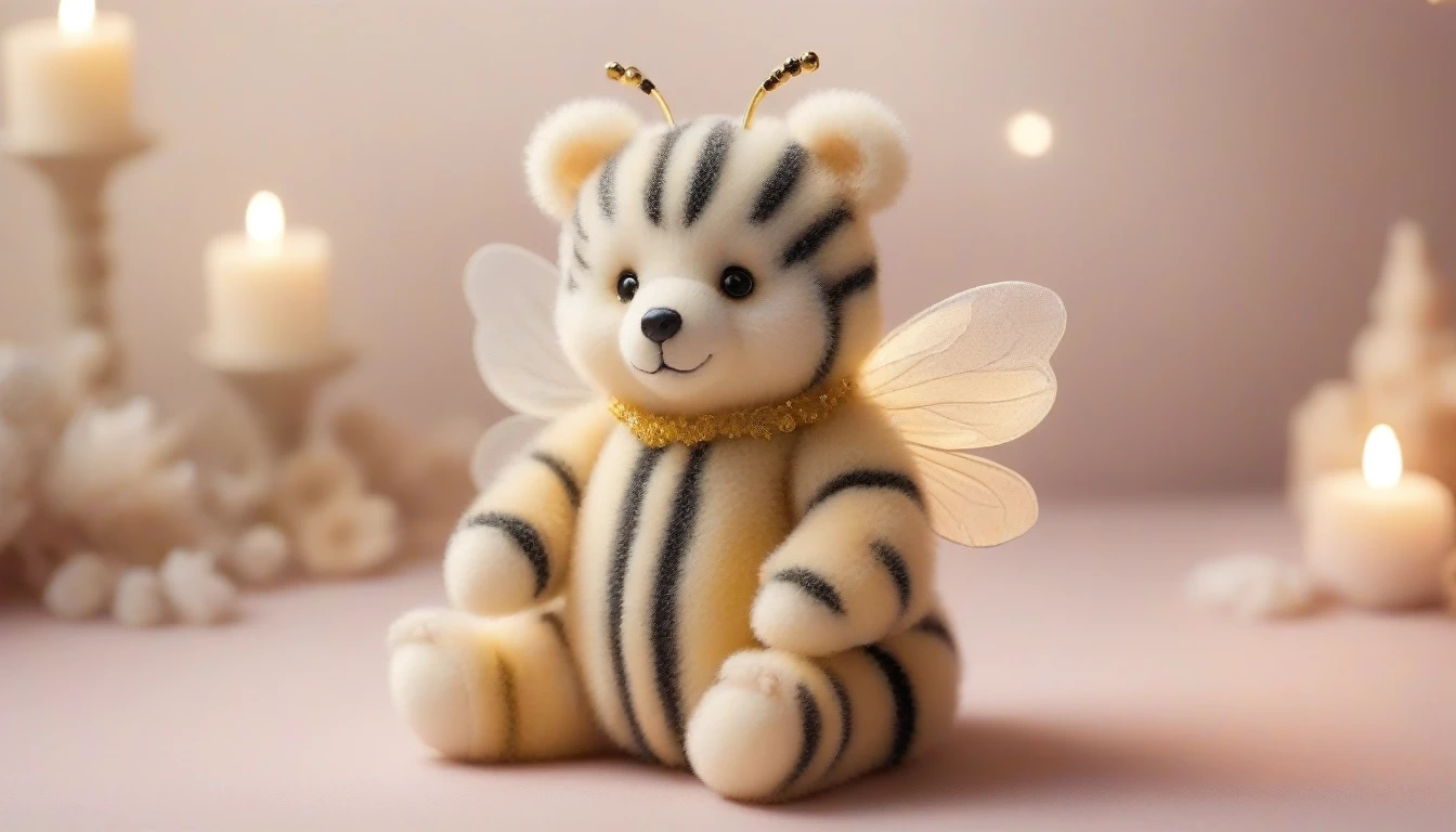 a whimsical Enchanted Bumble Bear A tiny bear with bee-like wings and a fuzzy, striped body. Its paws are small and round, resembling bee feet.. soft lighting creating a dreamy, magical atmosphere dreamy, magical