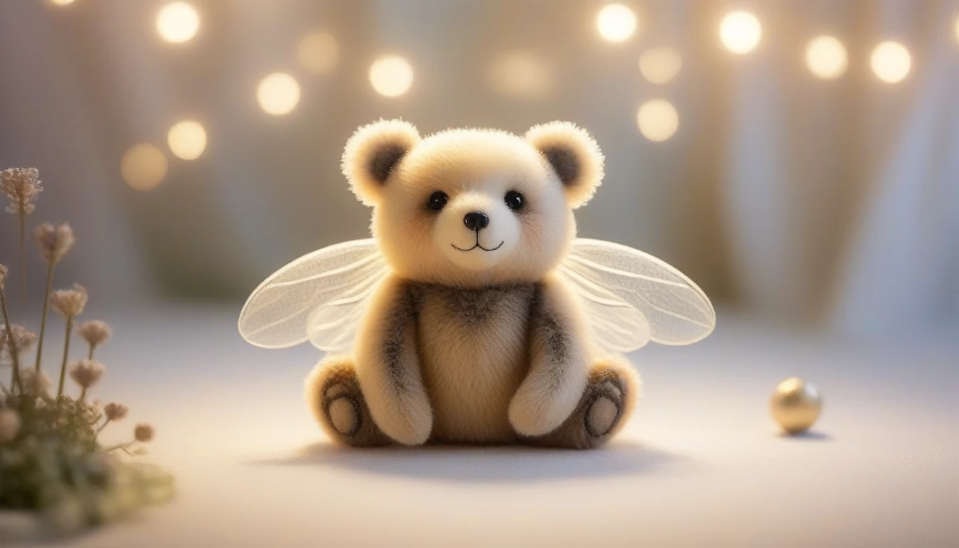 a whimsical Enchanted Bumble Bear A tiny bear with bee-like wings and a fuzzy, striped body. Its paws are small and round, resembling bee feet.. soft lighting creating a dreamy, magical atmosphere dreamy, magical 