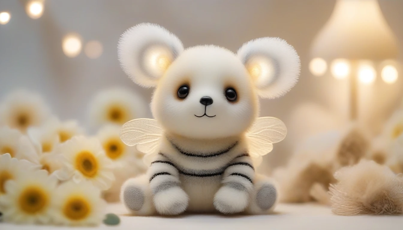 a whimsical Enchanted Bumble Bear A tiny bear with bee-like wings and a fuzzy, striped body. Its paws are small and round, resembling bee feet.. soft lighting creating a dreamy, magical atmosphere dreamy, magical