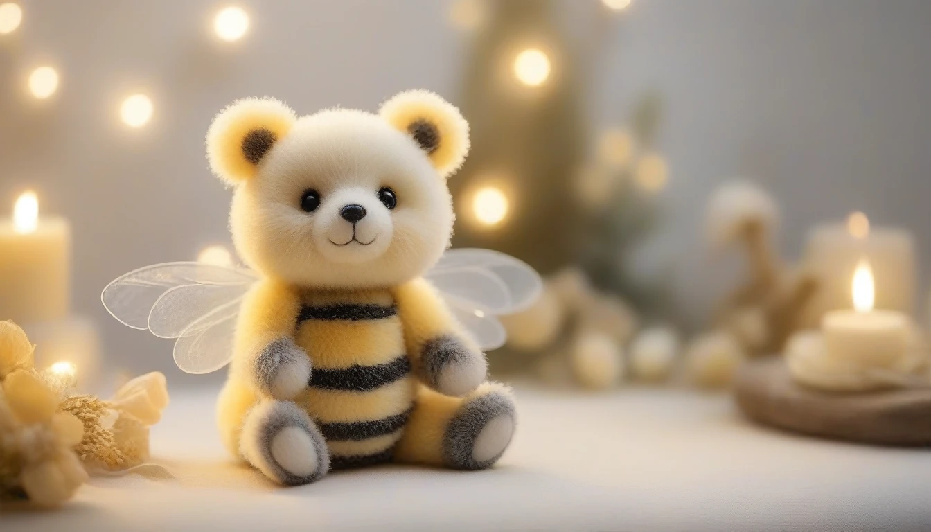a whimsical Enchanted Bumble Bear A tiny bear with bee-like wings and a fuzzy, striped body. Its paws are small and round, resembling bee feet.. soft lighting creating a dreamy, magical atmosphere dreamy, magical 