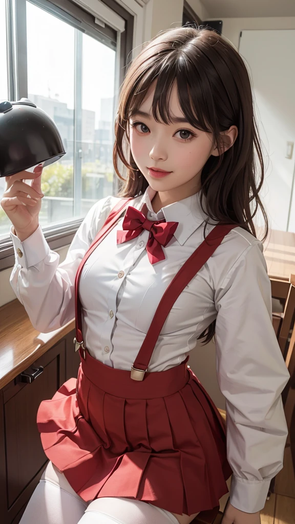 1girl, solo, small breasts, suspender skirt, white shirt, red bowtie, happy