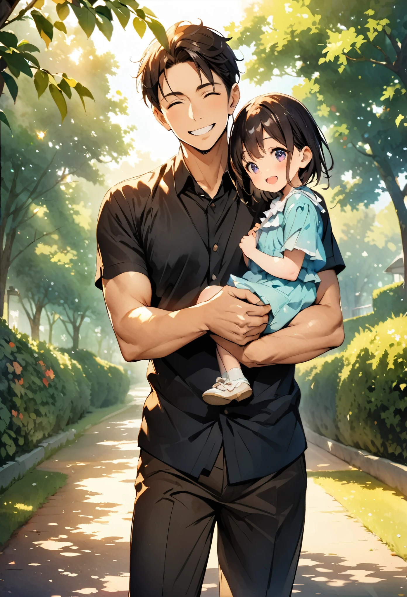 Father carrying a  on his shoulders、Park during the day、Bright light、Very beautiful light、Lens flare、Pleasant memories、Smiles overflow、Parent-child bond、Cowboy Shot、highest quality、masterpiece:1.2、Delicate expression、Watercolor、