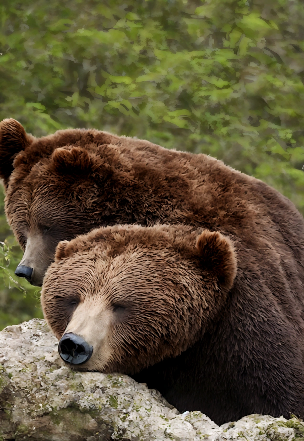 Create a high-resolution image of a bear sleeping peacefully in a natural setting. The bear is shown in close-up, lying on its side with its legs slightly curled and its head resting on its paws. The background features a lush forest with trees, bushes, and a hint of a stream in the distance. The scene should convey a sense of relaxation and tranquility, with the bear appearing calm and content. The image should be highly detailed, capturing the textures of the bear's fur and the natural surroundings in high definition.