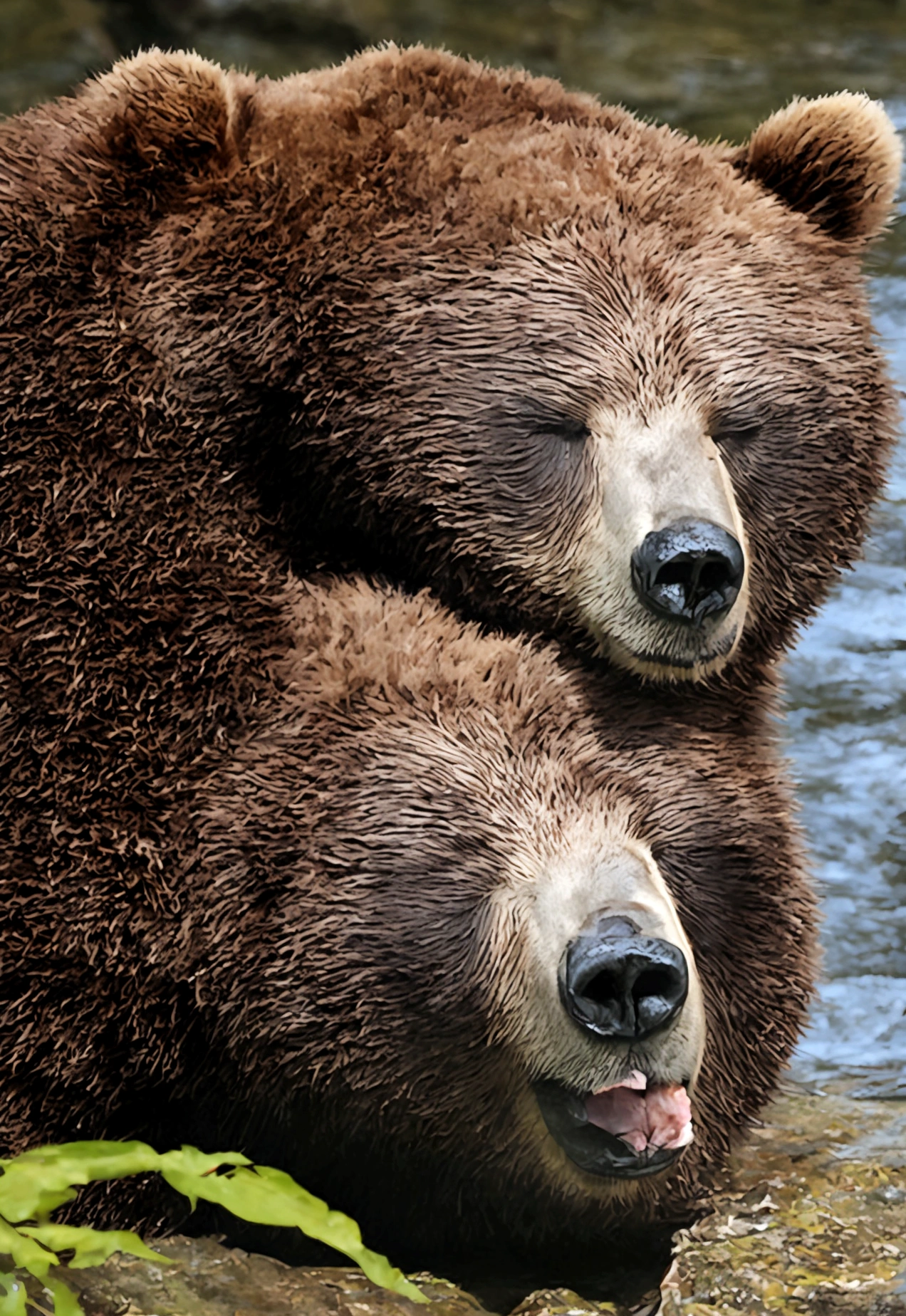 Create a high-resolution image of a bear sleeping peacefully in a natural setting. The bear is shown in close-up, lying on its side with its legs slightly curled and its head resting on its paws. The background features a lush forest with trees, bushes, and a hint of a stream in the distance. The scene should convey a sense of relaxation and tranquility, with the bear appearing calm and content. The image should be highly detailed, capturing the textures of the bear's fur and the natural surroundings in high definition.