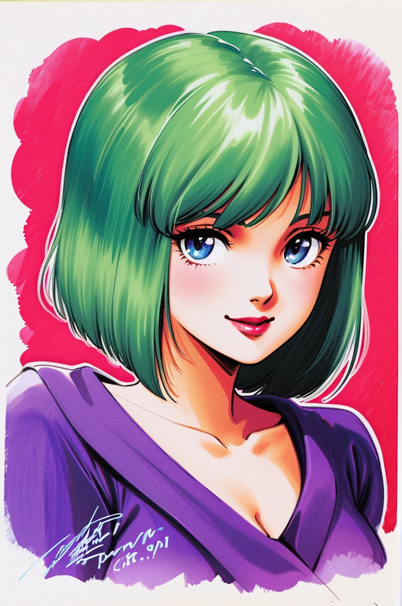 Four Murasame, 1girl, solo, short hair, signature, traditional media, blue eyes, green hair, collarbone, smile, looking at viewer, portrait, purple shirt, lipstick, upper body, dated, watercolor \(medium\),