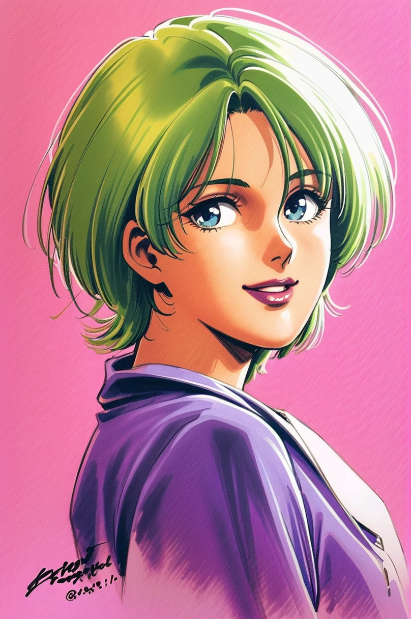 Four Murasame, 1girl, solo, short hair, signature, traditional media, blue eyes, green hair, collarbone, smile, looking at viewer, portrait, purple shirt, lipstick, upper body, dated, watercolor \(medium\),