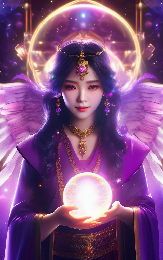 Purplish color、An angelic enchanting god with wings、Holding a glowing sphere in your hand Staring straight into the camera, in the center,Very bright color, Light Particles, The light shines, Musibu, Wallpaper Art, UHD Wallpaper、Background purple、Mysterious、Impersonal、cart、Upper body close-up、fortune teller
