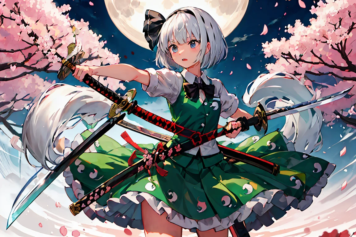Grey Sky、White Full Moon、Cherry blossom petals、Konpaku Youmu with her sword shining