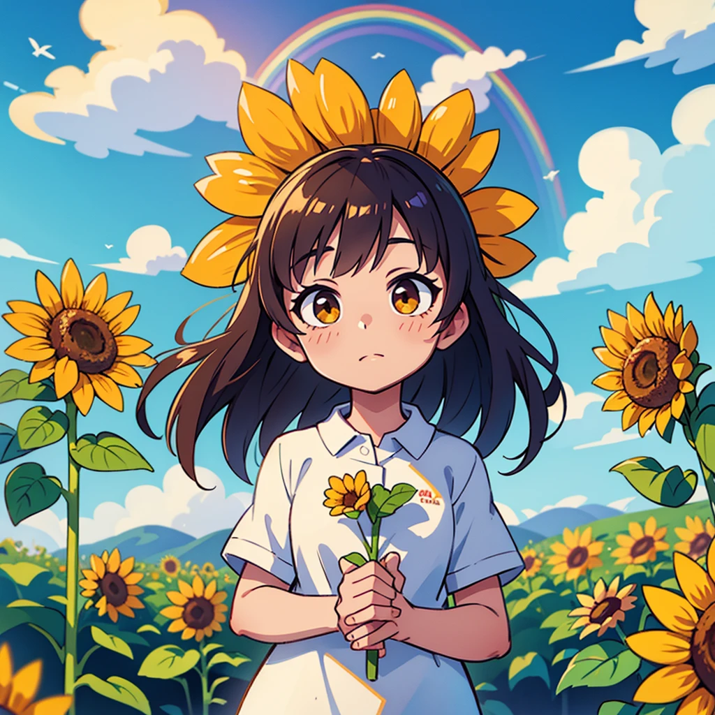 Sunflower field、A beautiful rainbow in the sky、Landscape painting
