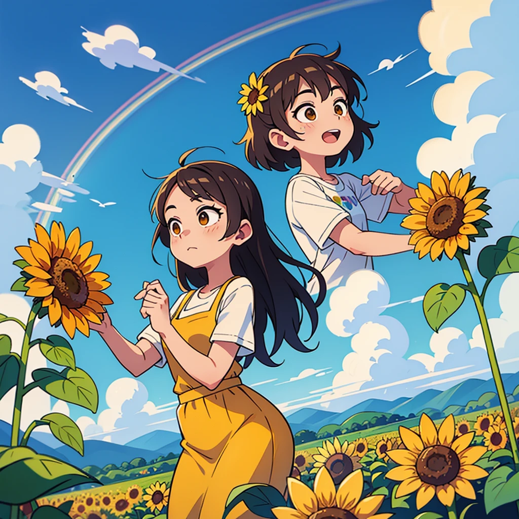Sunflower field、A beautiful rainbow in the sky、Landscape painting