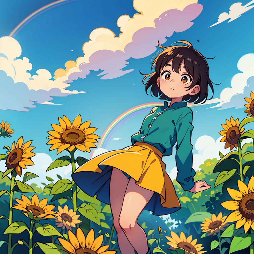 Sunflower field、A beautiful rainbow in the sky、Landscape painting