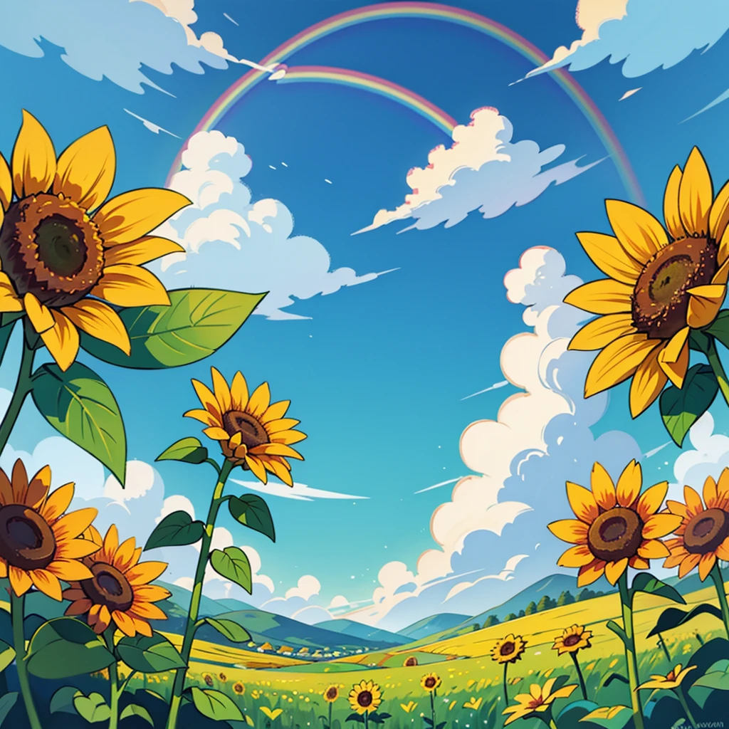 Sunflower field、A beautiful rainbow in the sky、Landscape painting