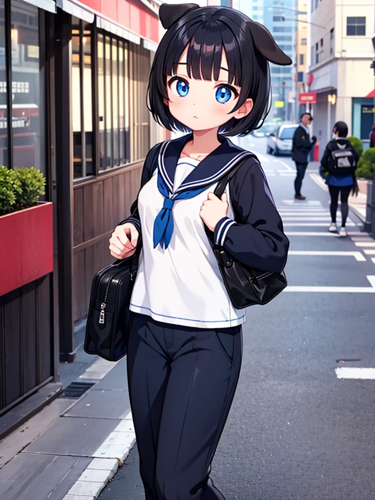 Short black hair Adult female Dog Ears Dark blue colored eyes Wearing a sailor uniform In the city