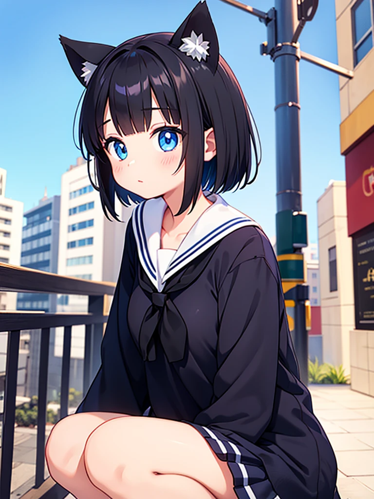 Short black hair Adult female Dog Ears Dark blue colored eyes Wearing a sailor uniform In the city