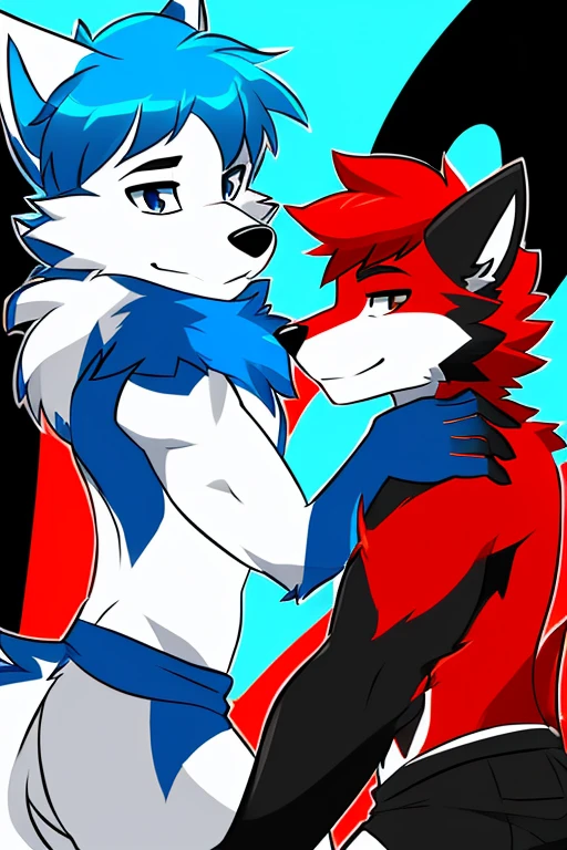 2 lobos,Una imagen de Un lobo ((Rojo y blanco Con pelo Rojo pelaje rojo furry)) Y ((Un lobo Blanco y negro con el pelo azul furry pelaje blanco y azul)) enamorados,imagen dual,chicos