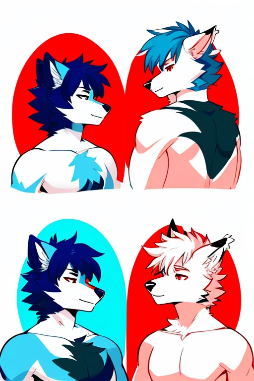 2 lobos,Una imagen de Un lobo ((Rojo y blanco Con pelo Rojo pelaje rojo furry)) Y ((Un lobo Blanco y negro con el pelo azul furry pelaje blanco y azul)) enamorados,imagen dual,chicos