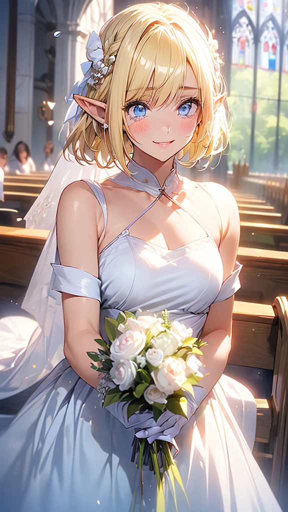 Very close、((Focus on the upper body))、16k、masterpiece、High resolution、High resolution、((ung elven female))、((Beautiful blonde))、short hair、((Beautiful Blue Eyes))、((Moist eyes、Tears))、((Pointy Ears))、Smiling Kindly、Grin、blush、Pink Lip Gloss、((Shiny skin))、((White Wedding Dress))、((church、Chapel))、look at me、((White gloves、Rubbing eyes with fingers))