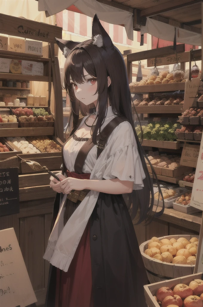 masterpiece, best quality, highres, 1girl, long hair, brown hair, animal ears, red eyes, wolf tail, Merchant ouftit, during a medieval market,