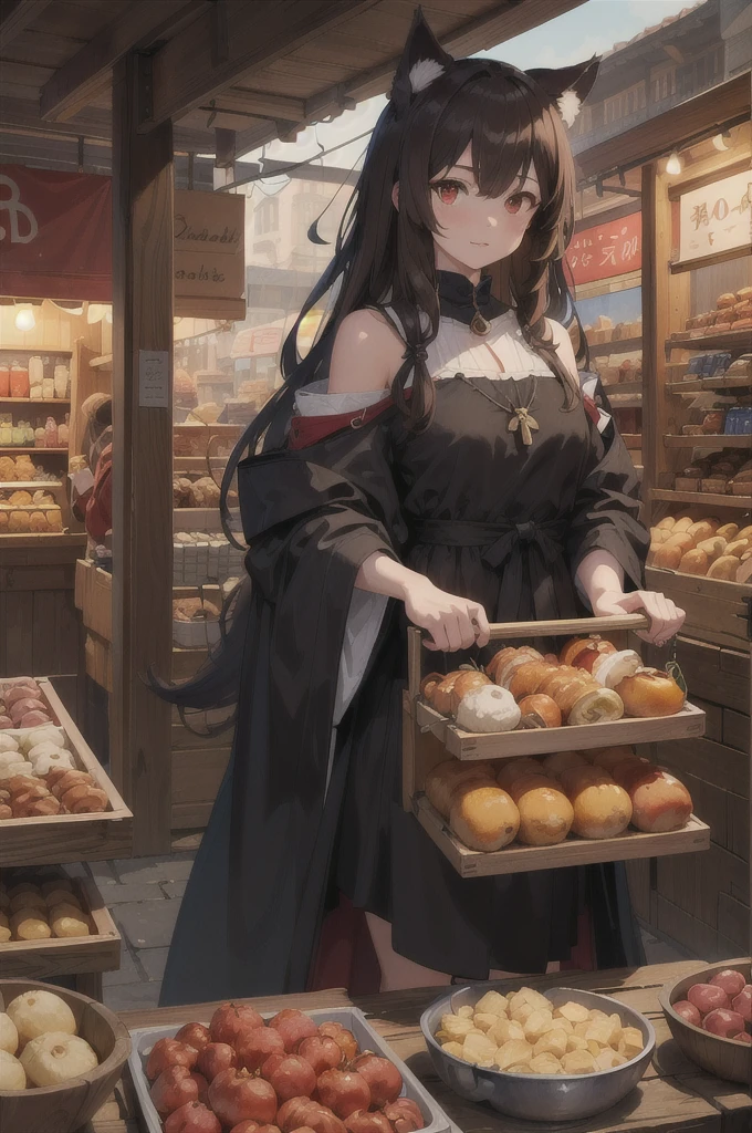 masterpiece, best quality, highres, 1girl, long hair, brown hair, animal ears, red eyes, wolf tail, Merchant ouftit, during a medieval market,