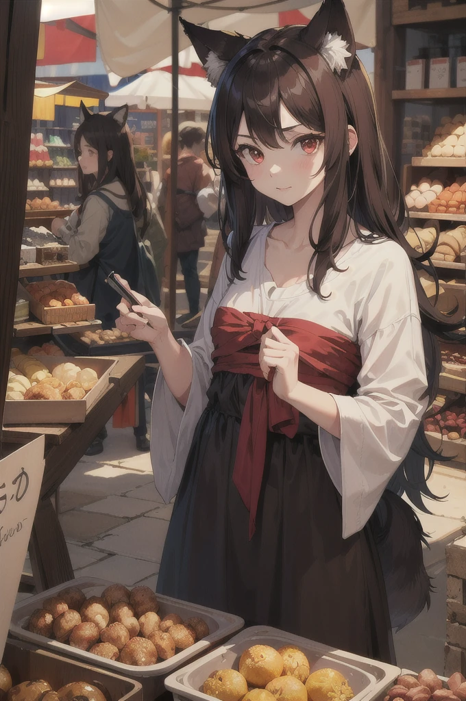 masterpiece, best quality, highres, 1girl, long hair, brown hair, animal ears, red eyes, wolf tail, Merchant ouftit, during a medieval market,