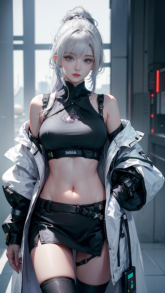 masterpiece,best quality,high resolution,8K,Focus on the thighs and above,RAW photos,Digital Photography,(Sci-fi style women),20 year old girl,Long ponytail hairstyle,By Bangs,(Purple Eyes),(white hair),Full breasts,Felling,Elegance and nobility,Serious and indifferent,Open white coat,Black Camisole,Rich details,shut your mouth,Show your belly button,Exquisite decoration,Cyberpunk future style,(Female Scholars),Photo poses,White background,oc render reflection texture