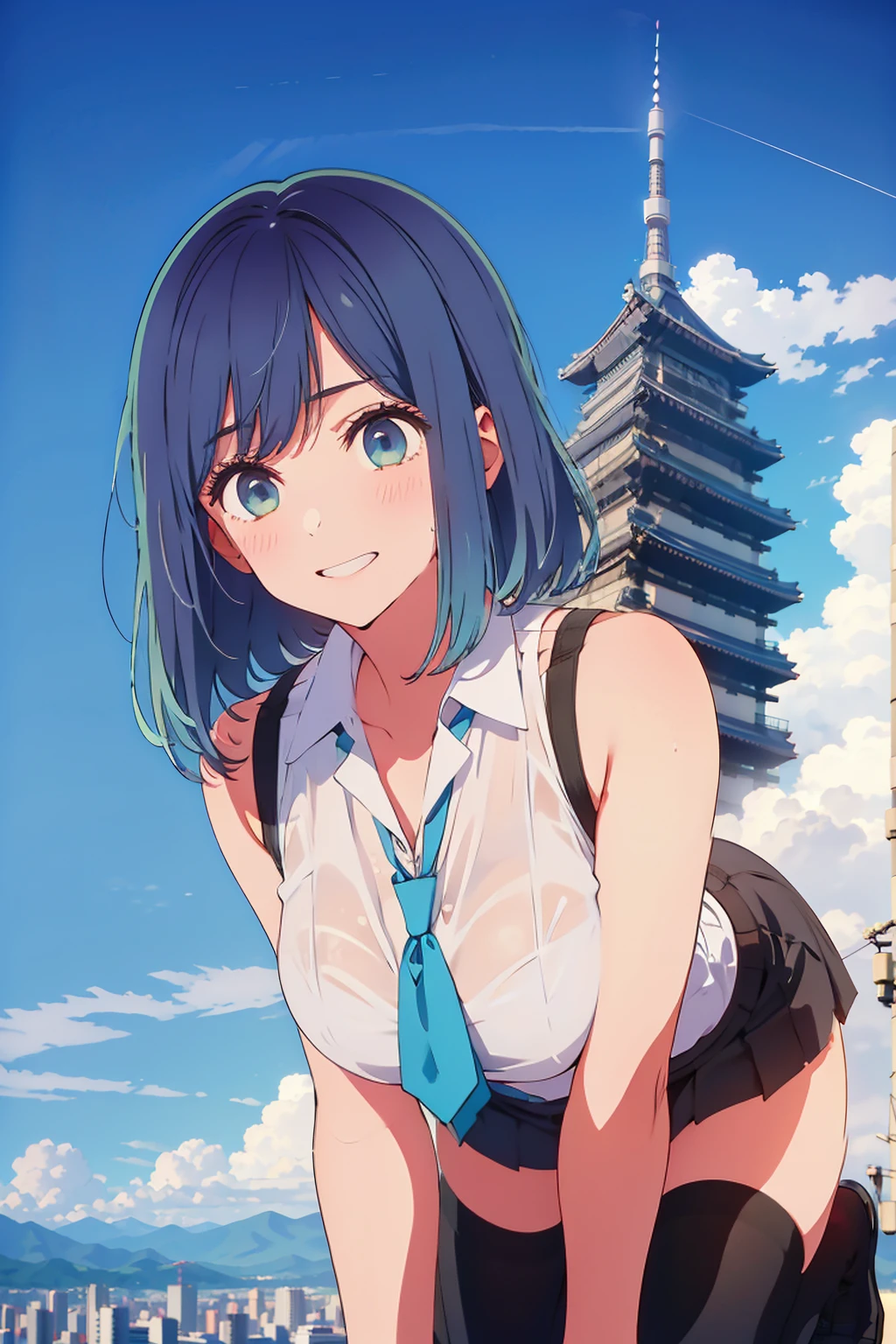 highest quality,8k,detailed,F cup bust、Big Breasts、Very cute face、White shirt、Black Skirt、Black Sweater Vest、Blue tie、Beautiful thighs、Best Beautiful Legs、Slim and beautiful arms、Slim body、Very white beautiful skin、((((1 person、looking at the camera、smile、smile、Tokyo buildings in the background、On all fours))))、I can see the deep blue sky、The atmosphere is bright and lively、The woman is at the center of the image。