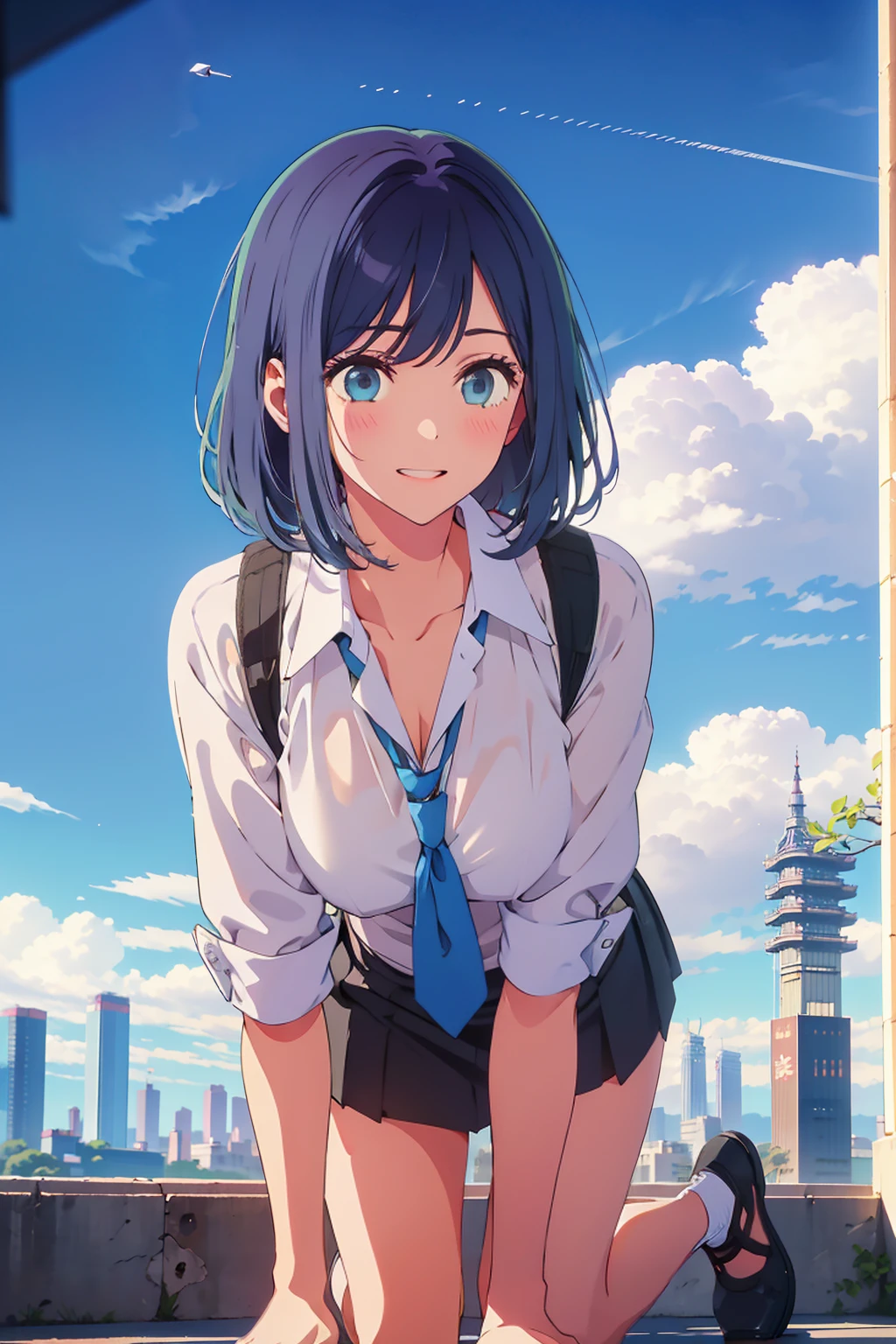 highest quality,8k,detailed,F cup bust、Big Breasts、Very cute face、White shirt、Black Skirt、Black Sweater Vest、Blue tie、Beautiful thighs、Best Beautiful Legs、Slim and beautiful arms、Slim body、Very white beautiful skin、((((1 person、looking at the camera、smile、smile、Tokyo buildings in the background、On all fours))))、I can see the deep blue sky、The atmosphere is bright and lively、The woman is at the center of the image。