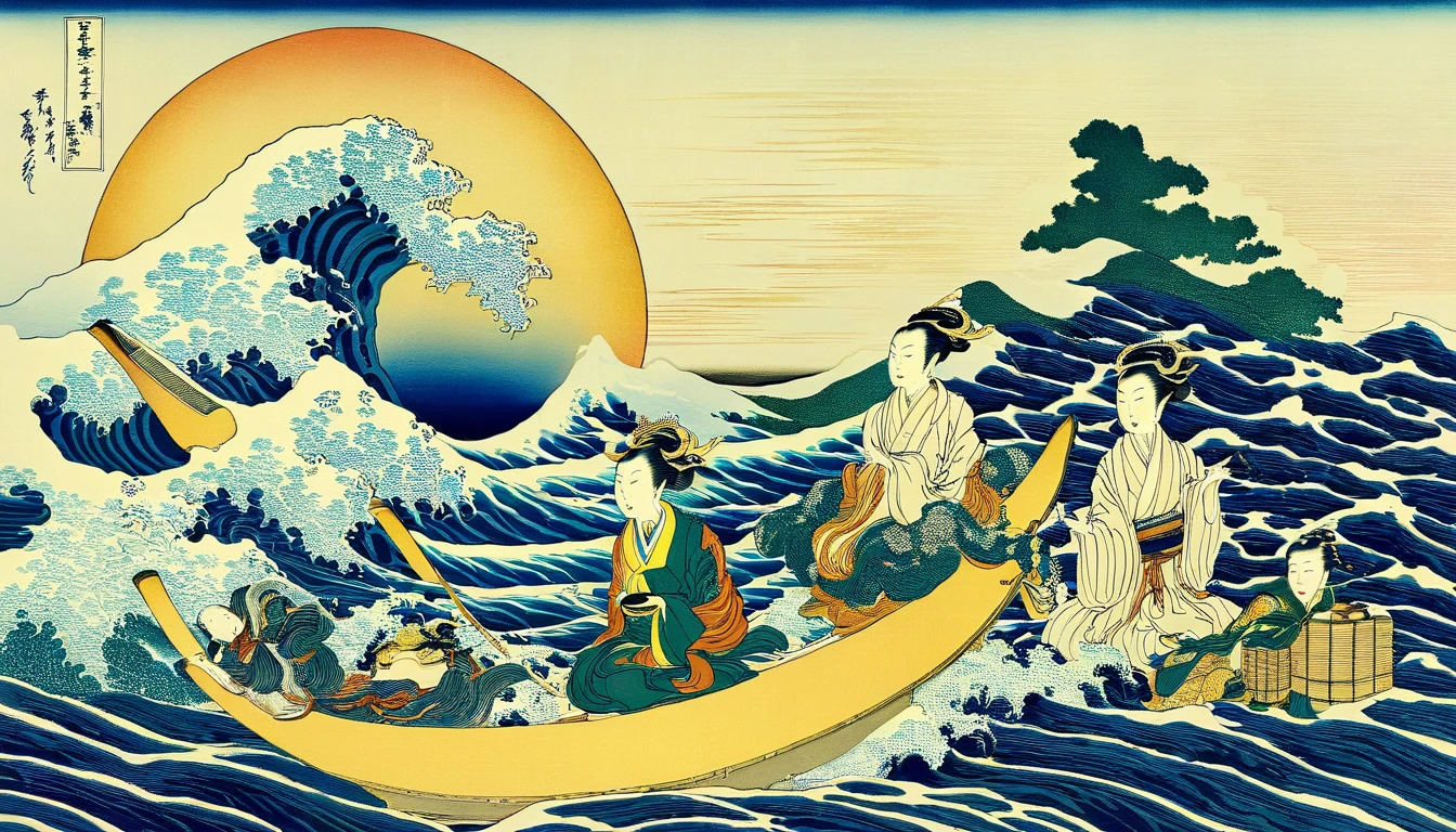 There are three people in the ocean with a sun above., guanyin of the south seas, inspired by Ryūkōsai Jokei, Inspired by Shunkōsai Hokushū, inspired by Yamamoto Shōun, in the art style of ukiyo - e, inspired by Kawanabe Kyōsai