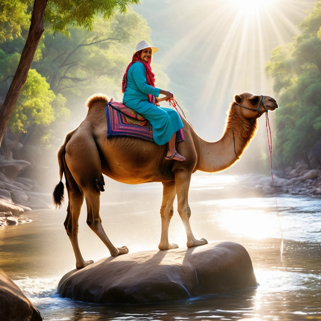 a photo of camel riding a stone, above river, realistic, sparkling water, light ray, happy face,