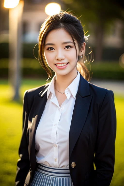 a gorgeous lady, age 22, Formal Skirt Suit with Blouse, posing naturally under night sky, dimpled smile, short ponytail, cute snaggleteeth, well-endowed round bosom, photorealistic, beautiful detailed eyes, hyper-realism, high contrast, ultra HD, realistic skin textures, top image quality, top-quality, super high resolution, fine details, very meticulously, bokeh background